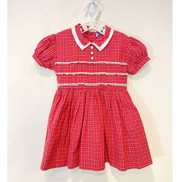 VTG Tiny Town Tots Red Plaid Dress Belted ,Peter Pan Collar, Cotton USA Made 3y - Picture 1 of 7